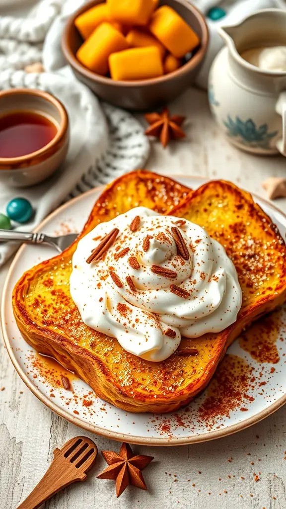 Chai-Spiced French Toast topped with whipped cream and spices