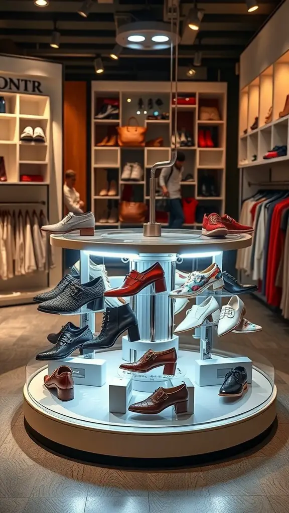 A modern rotating shoe carousel displaying various styles of shoes in a retail setting.