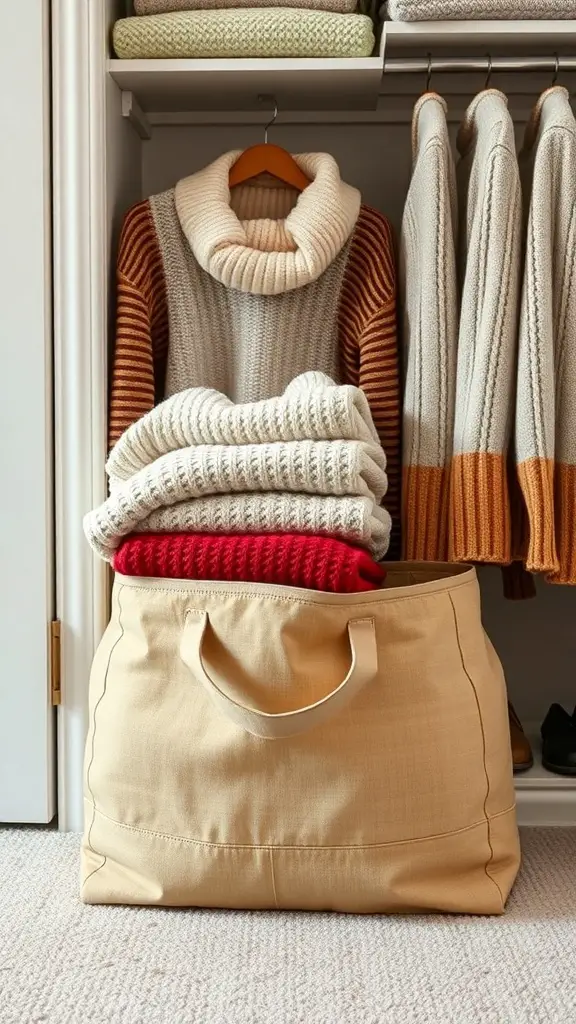 29+ Creative Sweater Storage Ideas to Maximize Your Closet Space 7 A spacious bag filled with neatly folded sweaters, showcasing a stylish storage solution for seasonal change.
