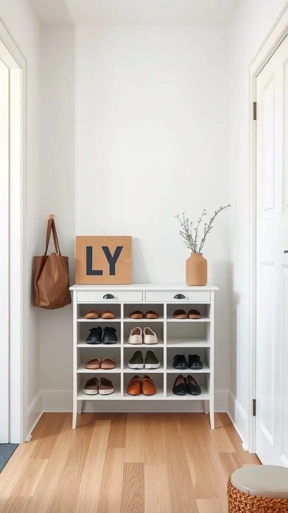 Minimalist white shoe cabinet with various shoes displayed, accompanied by a bag and decorative items.