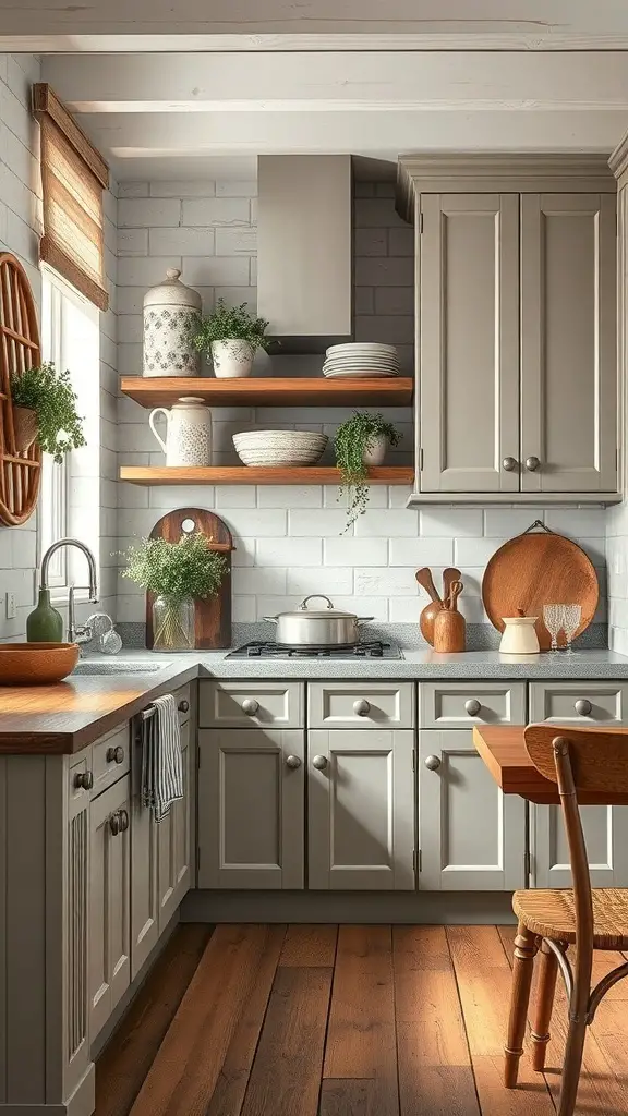 A cozy farmhouse kitchen featuring taupe cabinets, wooden accents, and open shelving.