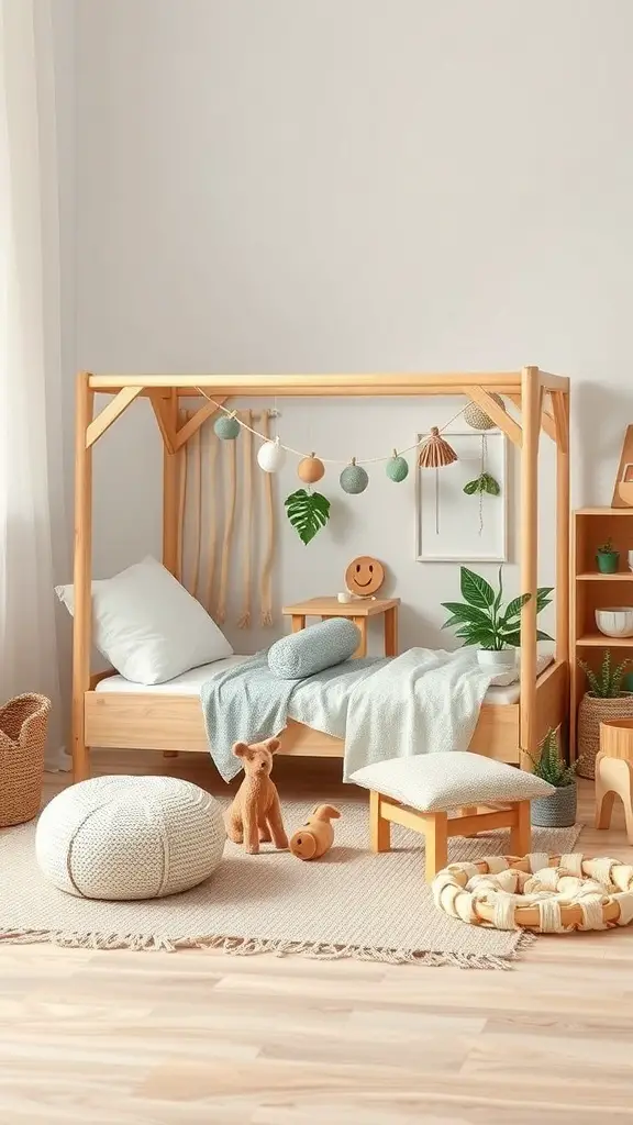 25+ Stylish Montessori Beds for a Dreamy Sleep Space 13 A cozy Montessori bed made of wood with soft bedding and decorative elements.