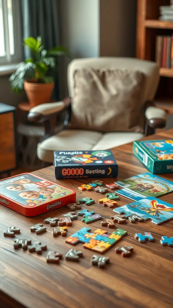 27+ Creative Dollar Tree Gifts for Your Coworkers 15 A cozy setup with various puzzle games and scattered pieces on a wooden table.