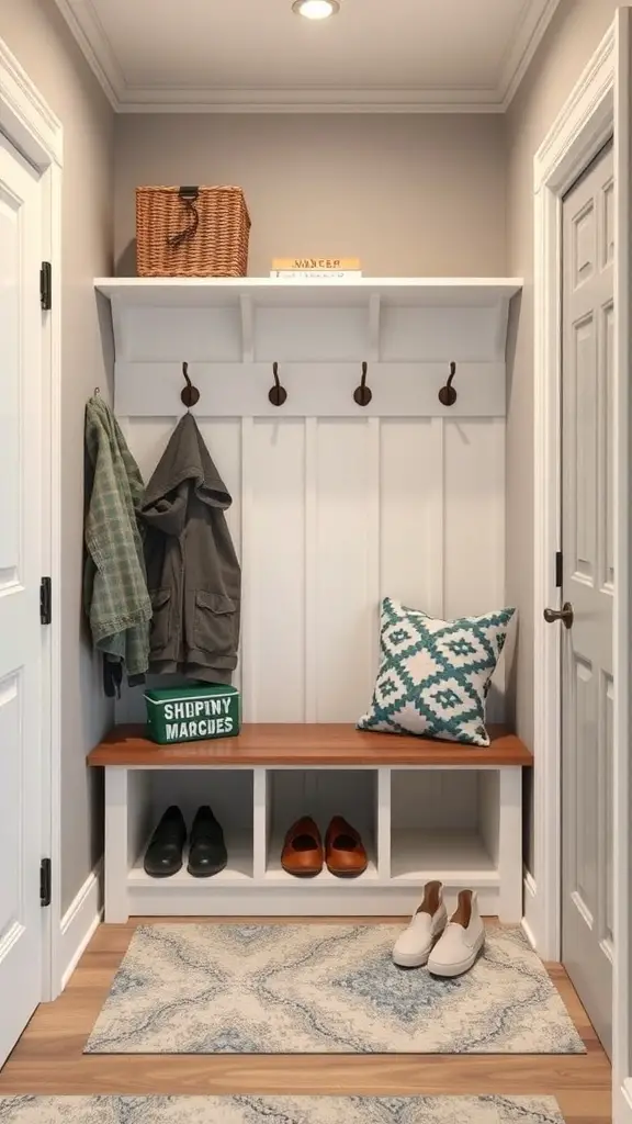 A small mudroom with a bench, hooks for coats, and shoe storage.