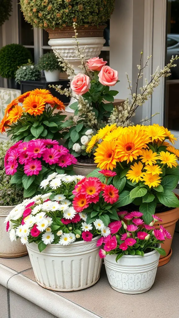 A variety of colorful container flowers including daisies, gerbera daisies, and roses arranged in pots.