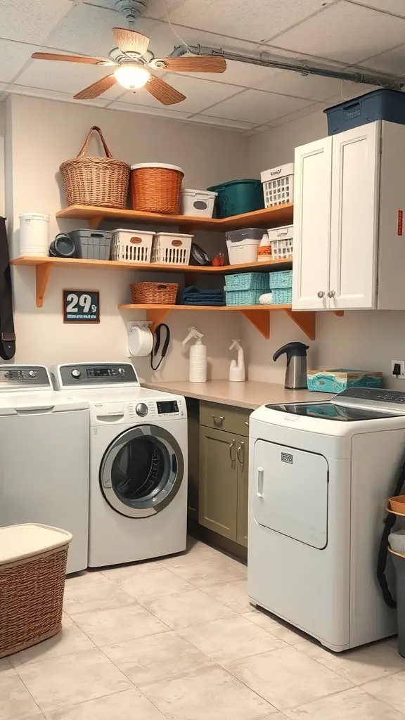 29+ Inspiring Basement House Ideas for Your Next Home Project 14 A well-organized basement laundry room with modern appliances, storage baskets, and a ceiling fan.