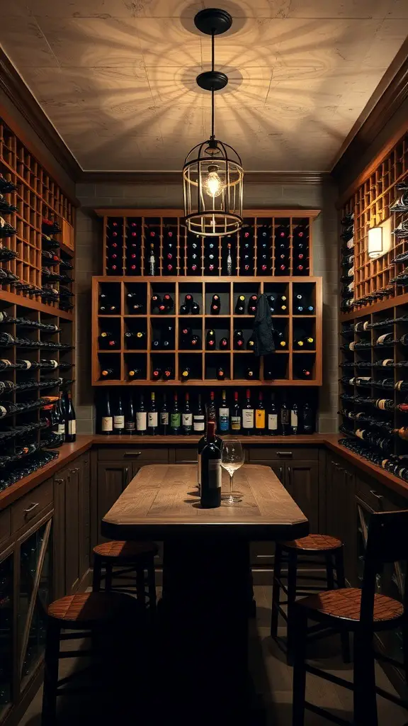 A cozy wine cellar bar with wooden racks filled with wine bottles and a central table.