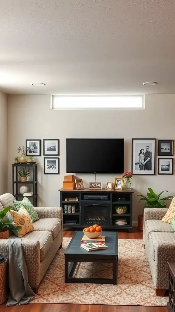 Cozy basement family room with framed wall art and plants