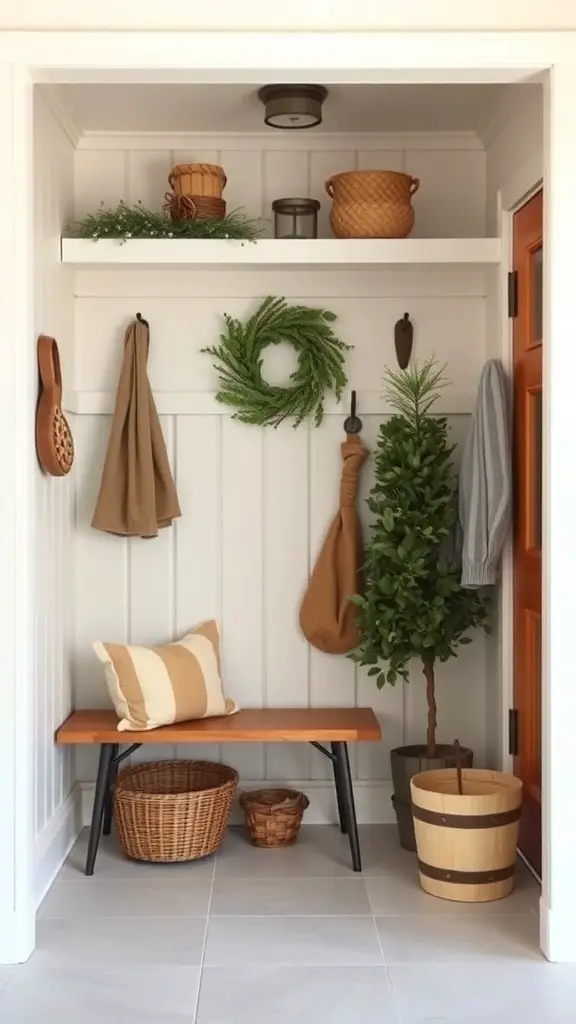 A small mudroom with seasonal decor including a wreath, baskets, and a cozy bench.