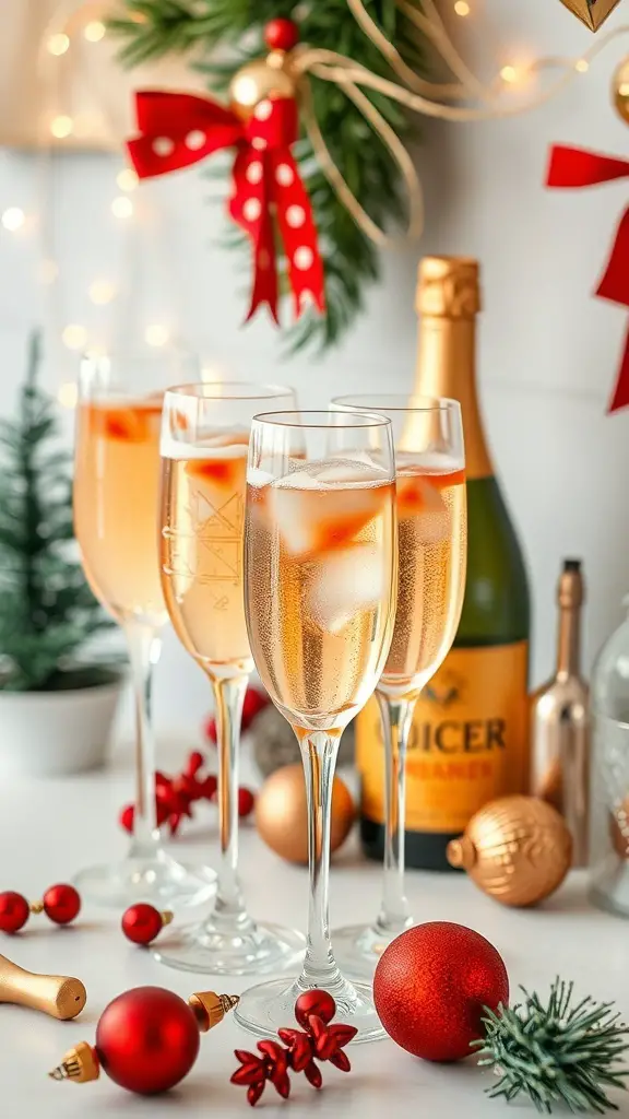 25+ Stunning Christmas Food Table Displays for Your Holiday Feast 5 A sparkling beverage station with champagne flutes, festive decorations, and a bottle of sparkling wine.