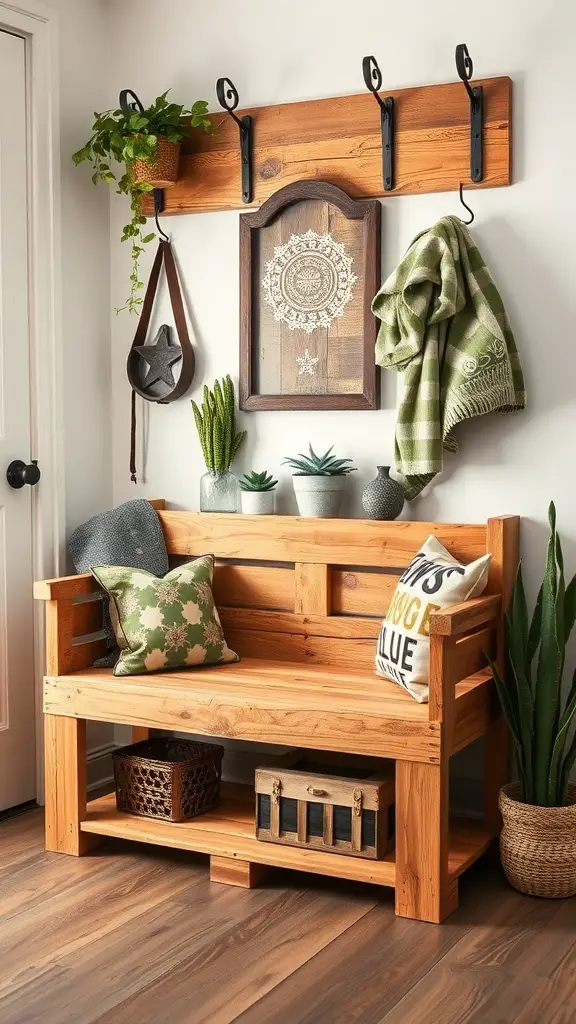 25+ Inspiring DIY Mudroom Bench Ideas to Revamp Your Space 2 A rustic upcycled pallet mudroom bench with decorative pillows and a shelf above for hanging items.