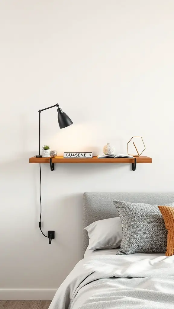 27+ Creative Bedside Table Ideas to Transform Your Bedroom 8 A modern floating bedside shelf with a lamp, decorative items, and a book.