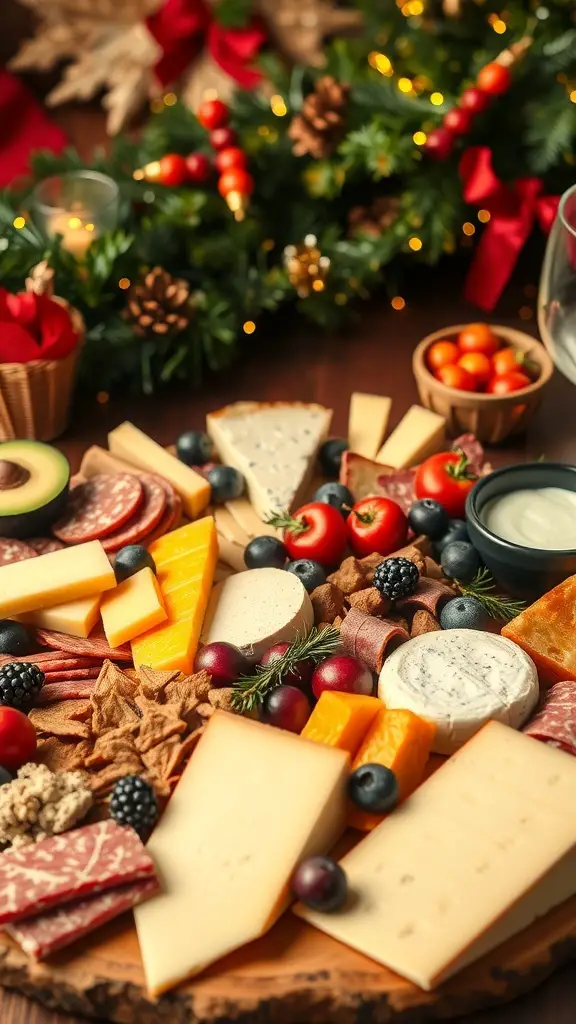 A festive cheese and charcuterie board with various cheeses, cured meats, fruits, and decorative elements.