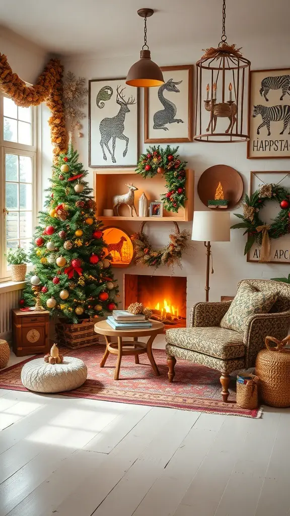 Cozy savannah themed holiday decor with a Christmas tree, animal prints, and warm lighting.