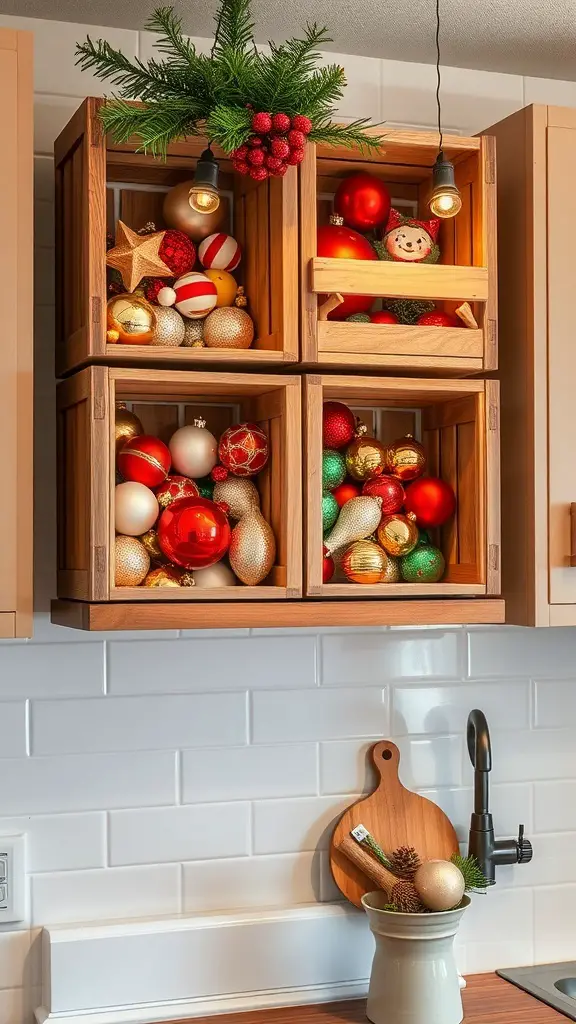 29+ Creative Christmas Decor Ideas for Above Kitchen Cabinets 8 Rustic wooden crates filled with colorful Christmas ornaments above kitchen cabinets