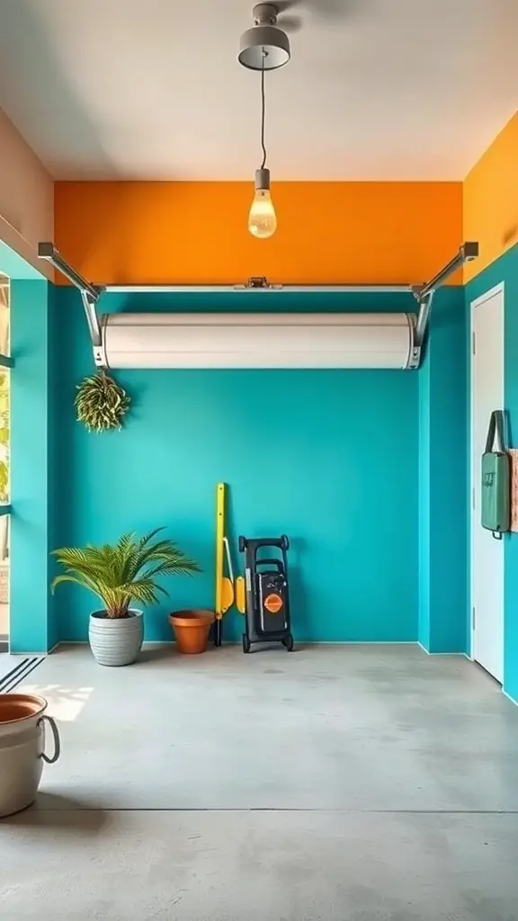 27+ Creative Garage Entryway Ideas for a Stylish Welcome 15 A garage entryway with a teal wall and orange accent, featuring a potted plant and simple decor.