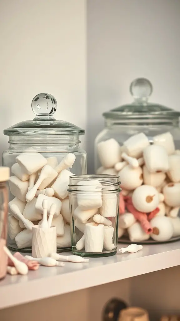 25+ Creative Ways to Store Your Feminine Hygiene Products 10 Elegant glass jars filled with cotton swabs and cotton balls on a shelf