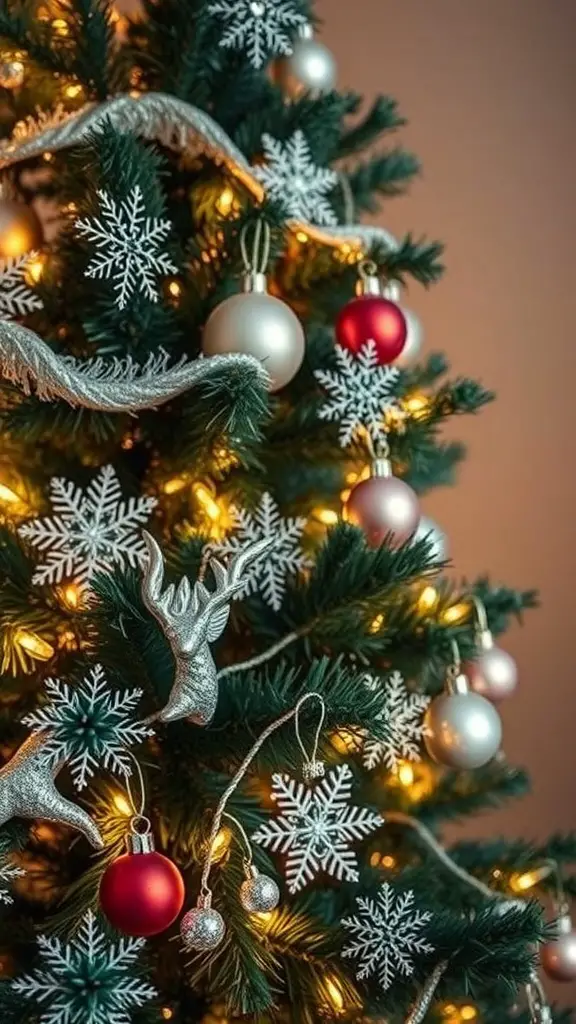 A beautifully decorated Christmas tree with snowflake accents, colorful ornaments, and twinkling lights.