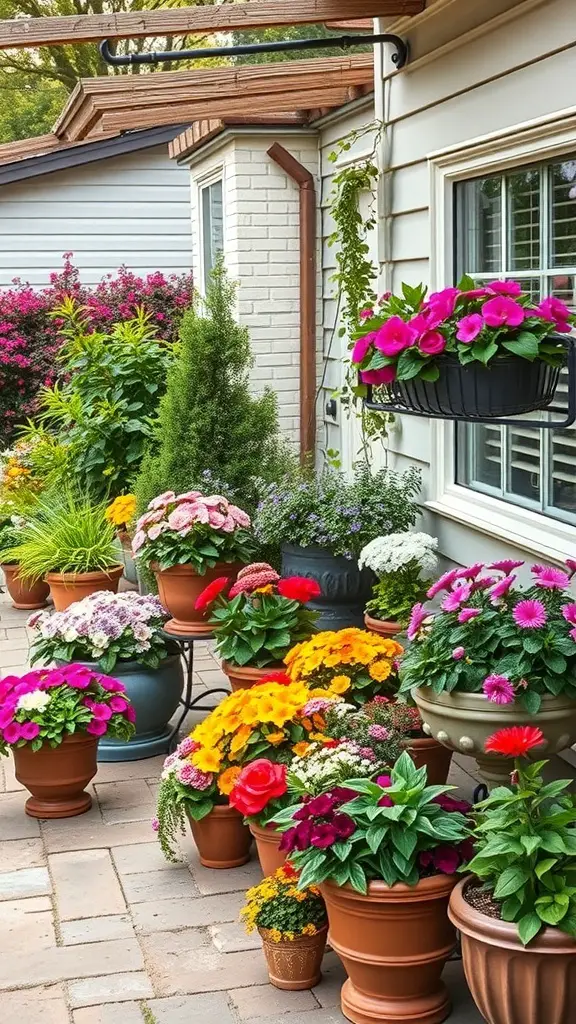 Colorful container flowers arranged on a patio