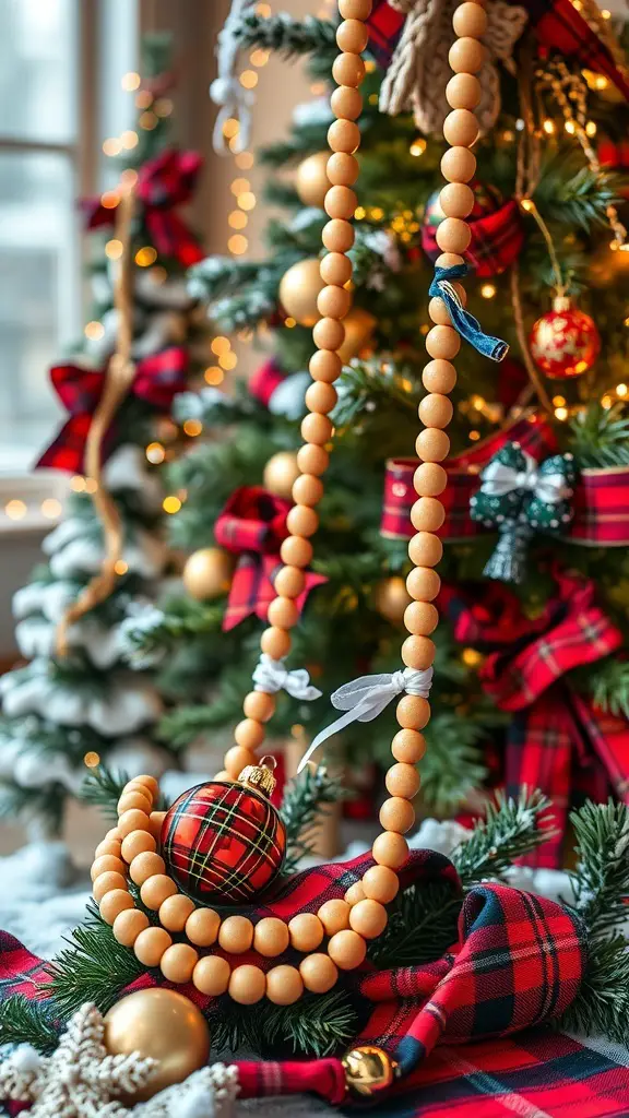 27+ Festive Tartan Christmas Decorations to Elevate Your Holiday Decor 2 Wooden pearls and tartan decorations around a Christmas tree