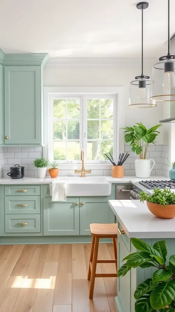 27+ Stunning Kitchen Color Palette Ideas for Your Home Makeover 4 A bright kitchen featuring mint green cabinets, white countertops, and plants.