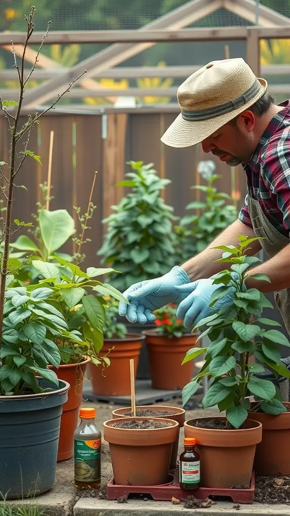 A gardener inspecting plants in pots, surrounded by pest control products.
