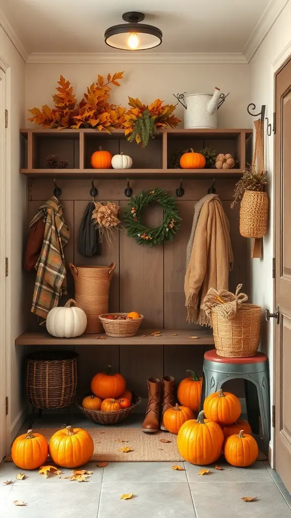 27+ Mudroom Ideas to Elevate Your Space 6 A beautifully decorated mudroom with autumn decor, featuring pumpkins, leaves, and cozy elements.