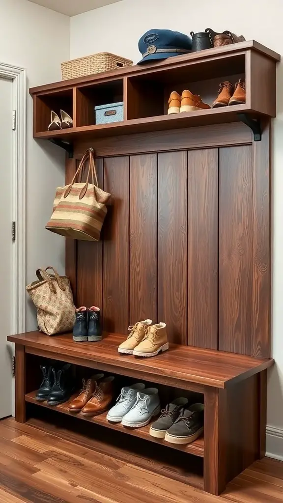25+ Inspiring DIY Mudroom Bench Ideas to Revamp Your Space 3 A wooden mudroom bench with a shoe cubby underneath and a shelf above for storage.