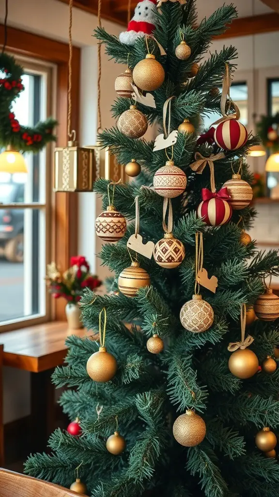 25+ Festive Cafe Christmas Decoration Ideas 9 A beautifully decorated Christmas tree with rustic wooden ornaments and golden baubles in a cozy cafe setting.