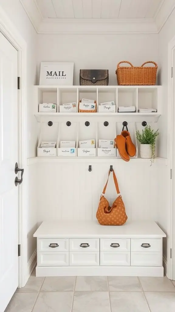 A well-organized family mail station in a mudroom with labeled compartments, hooks for bags, and a stylish basket.