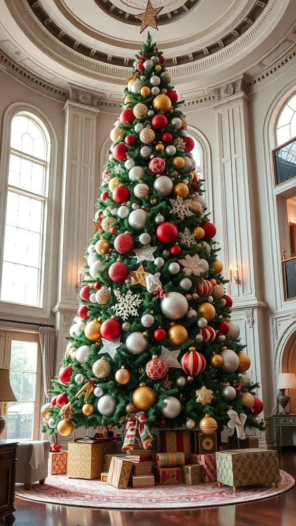 A tall Christmas tree decorated with red, gold, and silver ornaments, topped with a star, surrounded by wrapped gifts.