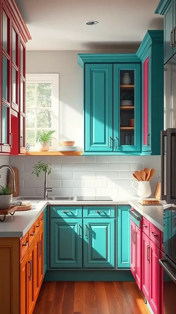 25+ Stunning Painted Kitchen Cabinet Ideas to Transform Your Space 8 A kitchen with colorful cabinets in blue, red, and orange, featuring natural light and modern design.