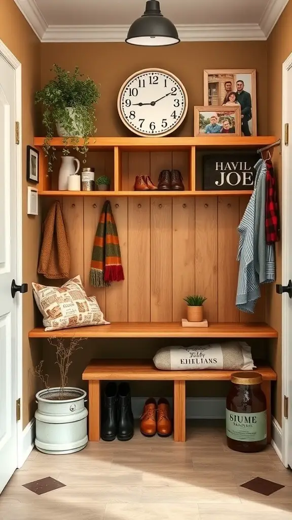 25+ Stunning Mini Mudroom Entryway Ideas for Small Spaces 2 A cozy mini mudroom with wooden shelves, a clock, family photos, and decorative plants.