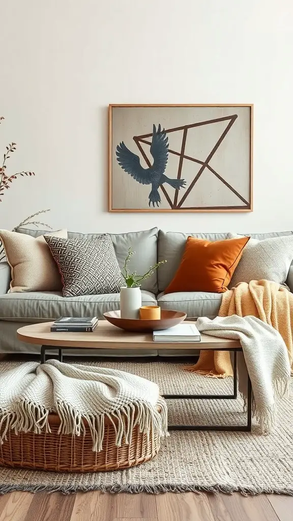 Cozy coffee table decor with layered textures, including throws, pillows, and a woven basket.