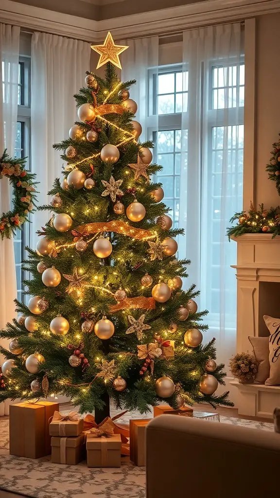 27+ Stunning Pearl Christmas Tree Decorations for a Glamorous Holiday Look 5 A beautifully decorated Christmas tree with pearl ornaments, golden ribbons, and warm lights, surrounded by wrapped presents.