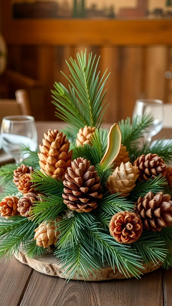 27+ Creative Christmas Island Centerpiece Ideas for Your Holiday Decor 9 A beautiful centerpiece featuring Christmas Island pine cones and greenery on a wooden table.