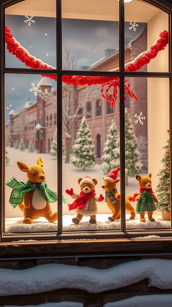 27+ Stunning Holiday Window Displays to Inspire Your Seasonal Decor 5 A festive window display featuring plush animals in holiday attire, set against a snowy backdrop.