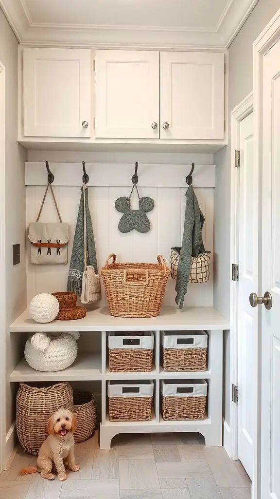 29+ Creative Pet-Friendly Mudroom Ideas You'll Love 2 A stylish pet-friendly mudroom with storage baskets, hooks, and a small dog.