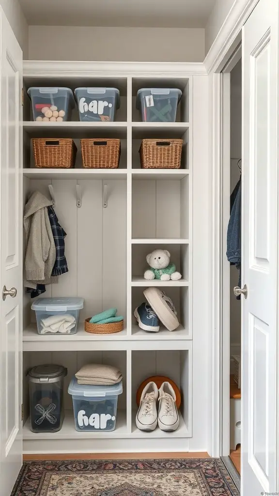 Organized mudroom closet with clear storage containers and baskets