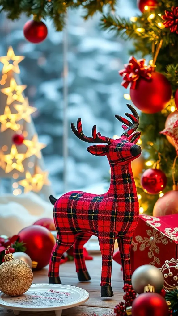 27+ Festive Tartan Christmas Decorations to Elevate Your Holiday Decor 13 A red plaid reindeer decoration surrounded by Christmas ornaments and lights.
