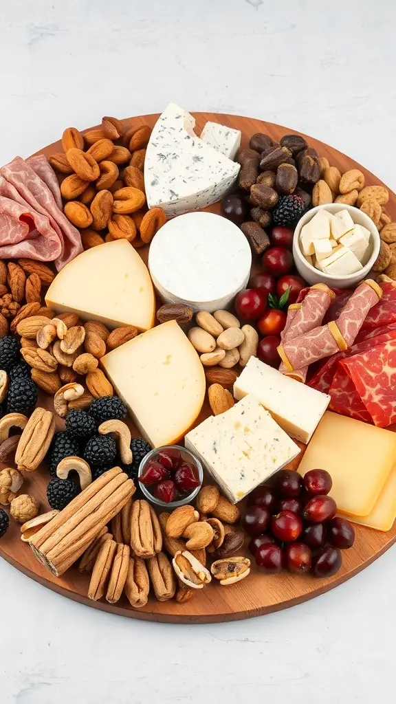 A beautifully arranged cheese and charcuterie board featuring various cheeses, cured meats, nuts, and fruits.