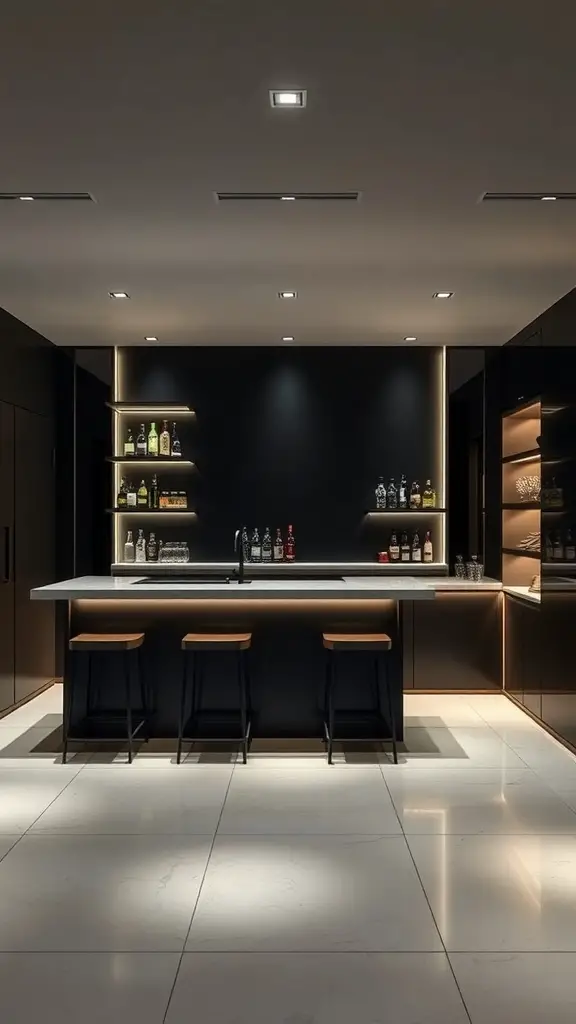 Modern minimalist basement bar with dark colors and sleek design
