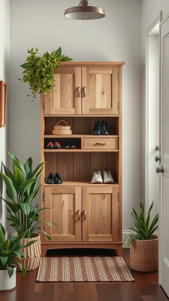 Eco-friendly wooden shoe cabinet in an entryway with plants