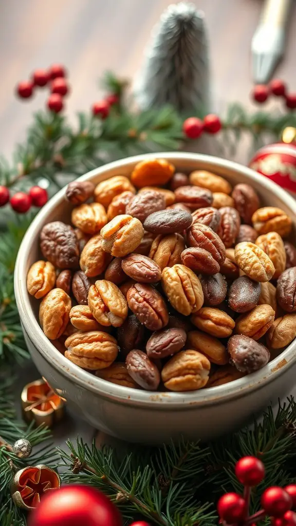 A bowl of sweet and spicy nut mix surrounded by festive decorations