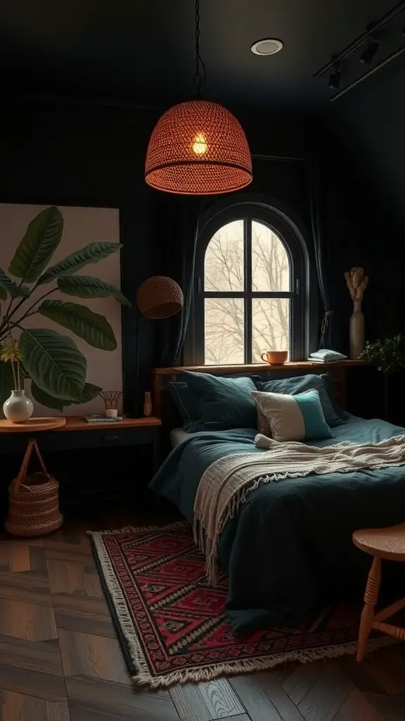 31+ Dark Boho Bedroom Ideas 7 A dark boho bedroom featuring earthy tones, a patterned rug, and plants.