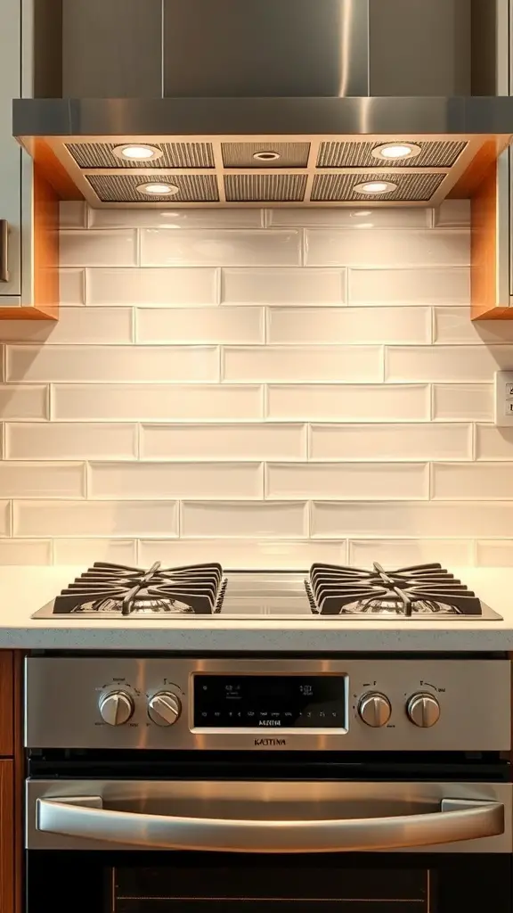 27+ Inspiring Stove Backsplash Ideas You’ll Love 5 Modern kitchen backsplash featuring glass tiles in a white subway pattern.