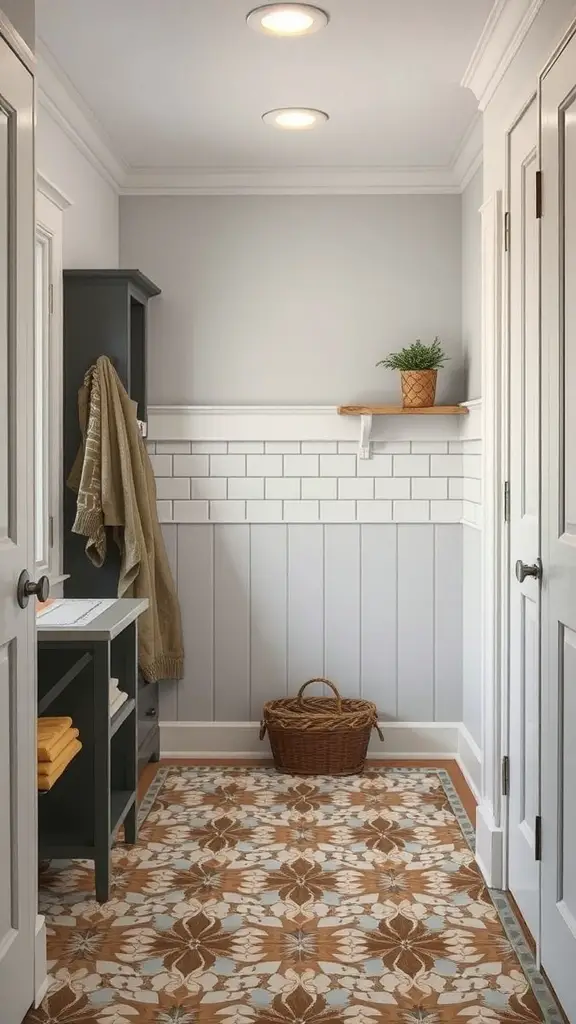 A mudroom featuring charming tile patterns with earthy tones and floral motifs.