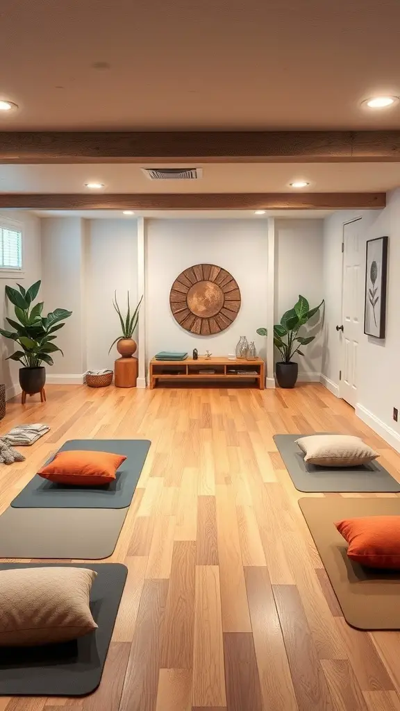 A serene meditation and yoga space with mats, cushions, and plants.