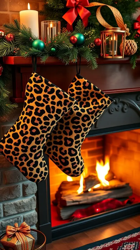 29+ Stunning Leopard Christmas Decor Ideas to Elevate Your Holiday Style 2 Leopard patterned stockings hanging by a cozy fireplace decorated for Christmas