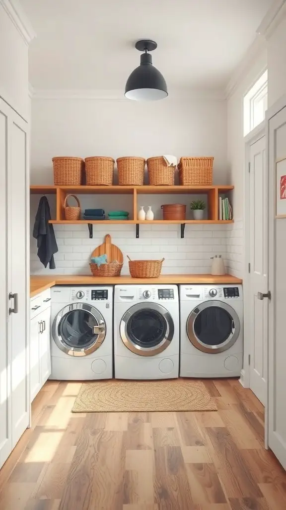 25+ Stylish Mudroom and Laundry Room Combo Ideas to Maximize Space 4 A modern mudroom-laundry room combo featuring three washing machines, wooden countertop, and open shelves with baskets.
